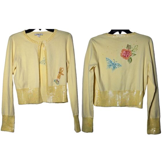 Intuitions Yellow Butterfly Embellished Cardigan Sweater M Fairy Y2K Cottage - Picture 1 of 11